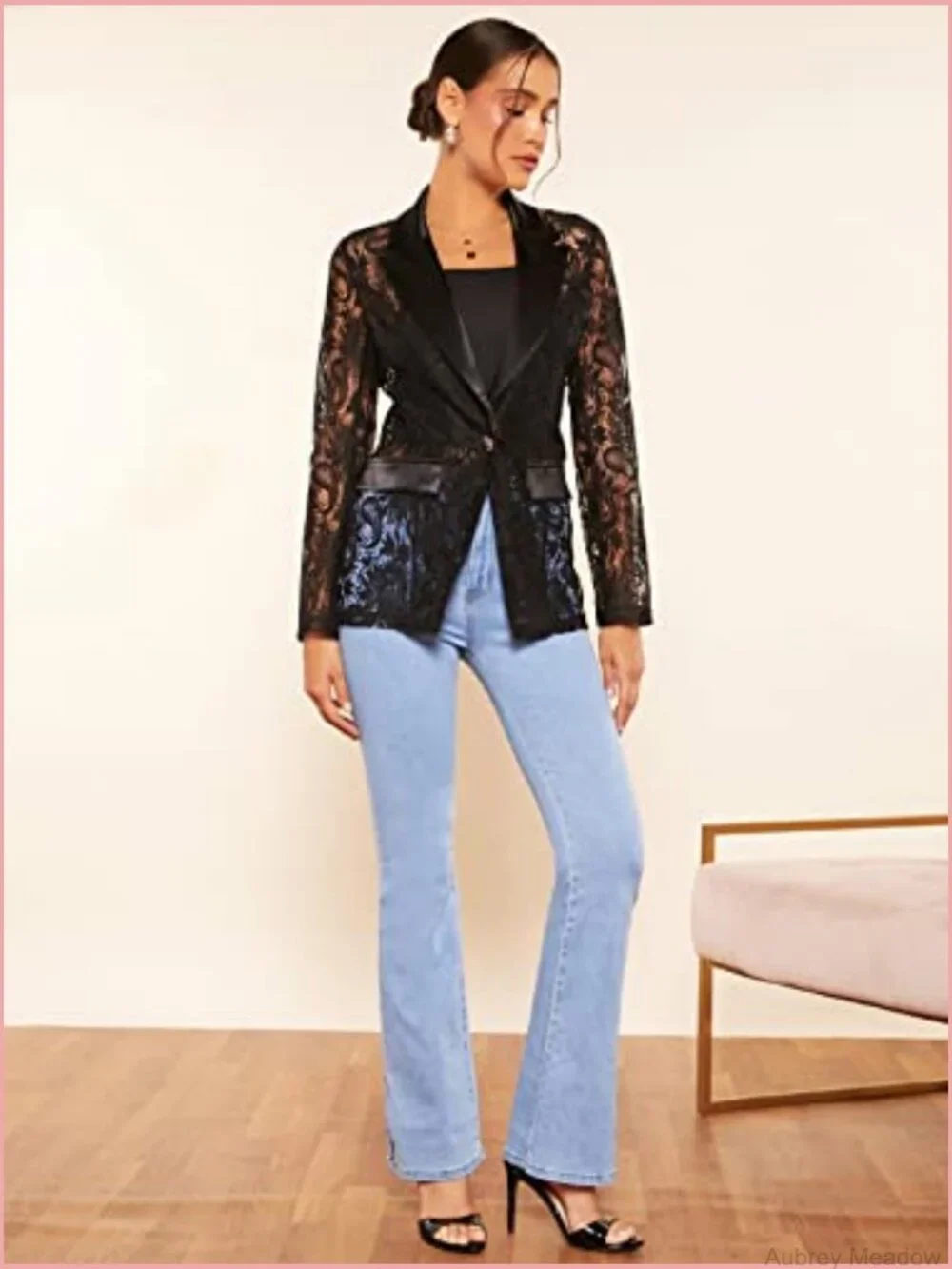 Lace Mesh Blazer Jacket Long Sleeve Lapel Neck Office Wear